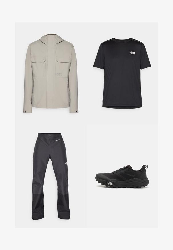 Jachetă gri deschis cu glugă, două buzunare frontale cu clapetă și închidere cu fermoar în față. Textură netedă, cu un design minimalist și un accent de logo.; Tricou negru cu mânecă scurtă, realizat dintr-un material ușor. Prezintă un mic logo alb pe pieptul stâng și accente subtile pe umeri.; Pantaloni negri impermeabili cu o textură netedă, având un logo GORE-TEX pe față și picioare inferioare întărite pentru durabilitate.; Pantofii de alergare pe teren accidentat, de culoare neagră, cu un superior texturat, talpă din cauciuc și vârf întărit. Prezintă un guler căptușit și o bandă de prindere pentru îmbrăcare ușoară.