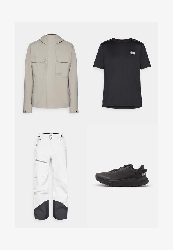 Light gray jacket with a hood, two frontal flap pockets, and a zip front closure. Smooth texture with minimalistic design and logo accent.; Black short-sleeve T-shirt made from lightweight fabric. Features a small white logo on the left chest and subtle shoulder accents.; White snow pants with black accents at the hem, featuring a zippered thigh pocket and snap closure. Made of weather-resistant material.; Black athletic shoe with mesh upper, padded collar, and rubber sole. Features textured design and branding on the heel. Lightweight construction.