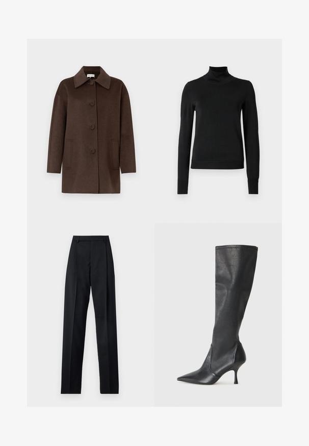 Pruun villa segu mantel struktureeritud kraega, esikinnitus nööpidega, suured küljetaskud ja lõdvestunud siluettiga. Sile tekstuur ja minimalistlik disain.; Mustmusterta mustaga pikkade varrukatega kõrge kaelusega sviiter, millel on ribakudumisega mansetid ja äär, esitatud lihtsal valgel taustal.; Mustad püksid siledast kangast, millel on kõrge vöökoht, laiad jalad, esimesed kortsud ja klassikalised vööloopid. Küljepockets pole nähtavad.; Knee-high mustad nahksaapad terava nina ja kitsaste stiilsete kontsadega. Sile tekstuur sobiva disainiga ja õmblused ülemisel serval.