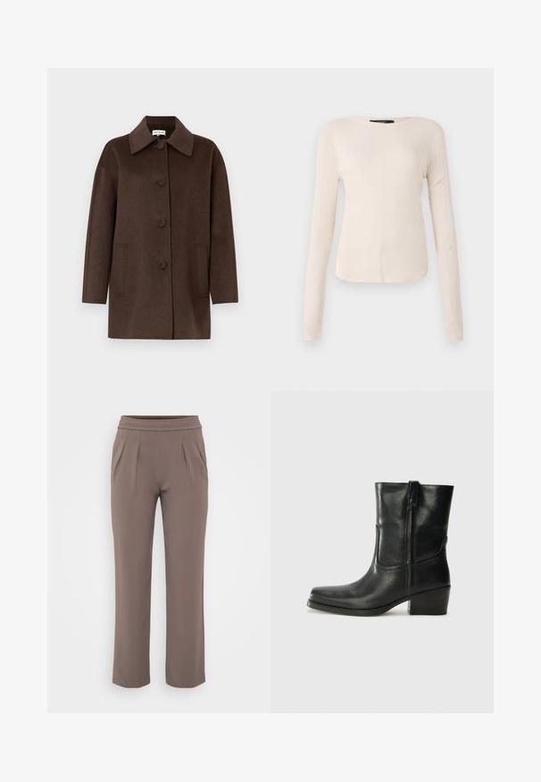 Cappotto in misto lana marrone con colletto strutturato, bottoni frontali, grandi tasche laterali e silhouette rilassata. Texture liscia con design minimale.; Maglietta a maniche lunghe di colore beige chiaro con scollatura rotonda. Realizzata in tessuto morbido, presenta una cucitura centrale e un orlo leggermente curvato. Senza hardware visibile.; Pantaloni taupe a vestibilità ampia con elastico in vita e pieghe frontali, realizzati in tessuto morbido.; Stivale ankle in pelle nera con punta arrotondata, tacco a blocco, cerniera laterale e dettagli in cucitura sulla tomaia. Texture liscia, design classico.