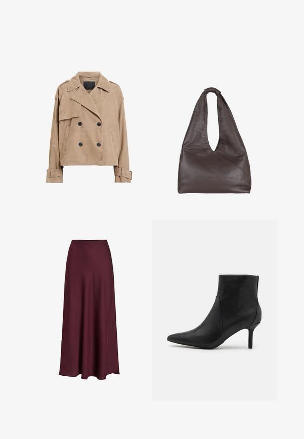 AllSaints REYA CROPPED - Blazer - greige brown; T-shirt branca de manga curta feita de algodão, com decote redondo e um corte descontraído. Textura suave e sem padrões ou adornos visíveis.; Saia maxi em cetim bordeaux com uma textura suave, cintura alta e uma silhueta fluida que se alarga suavemente em direção à bainha.; Anna Field Botins - black; Bolsa de pele castanha com um design oversized e descontraído. Apresenta uma alça em forma de laço e uma abertura em V profunda para fácil acesso. Textura suave, estilo minimalista.