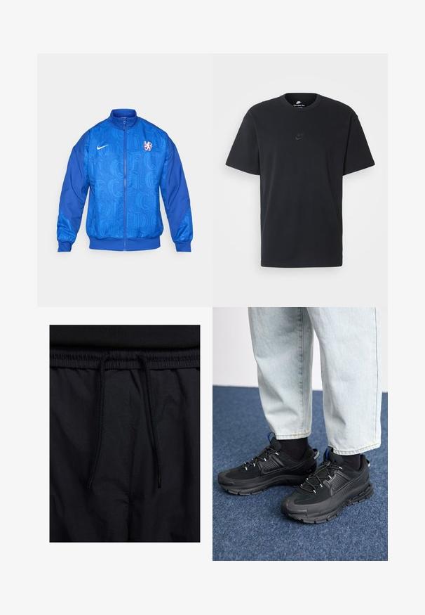 Blue zip-up sports jacket with Nike logo, Chelsea FC lion crest, and repeated "LONDON" text pattern on front and sleeves.; Nike black cotton t-shirt with a classic crew neck, short sleeves, and a subtle, embossed logo on the chest. Smooth texture.; Black shorts featuring a drawstring waistband, lightweight fabric with a smooth texture, and a simple design without visible logos or patterns.; Black athletic shoes with textured fabric and rubber soles, featuring elastic laces and a blue accent on the heel. Worn with light denim pants.