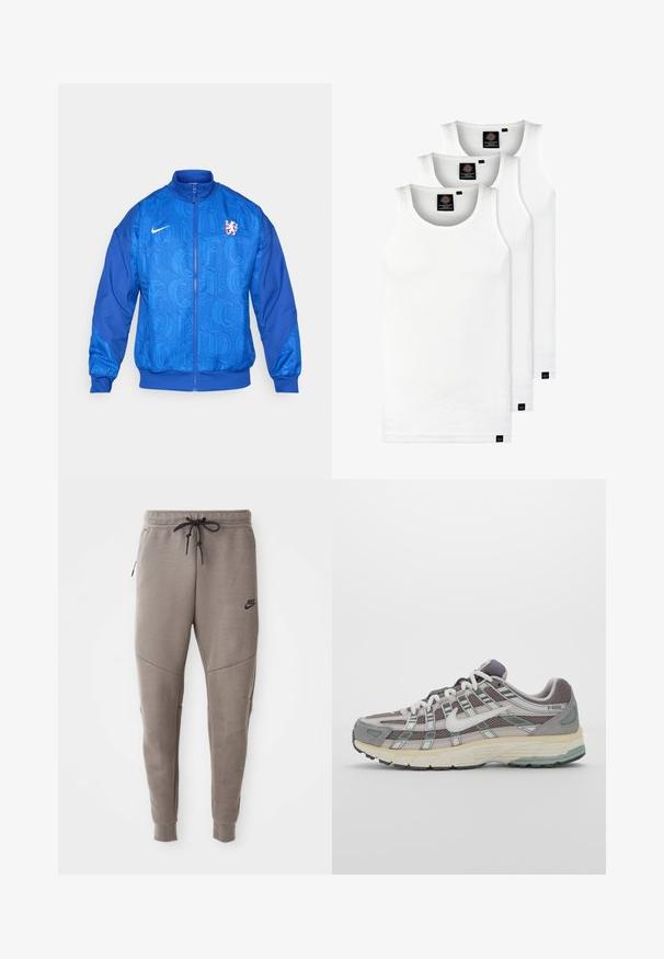 Zils rāvējslēdzēja sporta džemperis ar Nike logo, Chelsea FC lauvas emblēmu un atkārtotu tekstu "LONDON" priekšpusē un piedurknēs.; Trīs baltas ribotas krūšturi, kas izgatavoti no kokvilnas. Iezīmēti ar apaļu kakla izgriezumu un maziem melniem etiķetēm tuvu apakšmalai. Pieejami vairākos izmēros.; Pelēki Nike sporta bikses ar aukliņu viduklī, sašaurinātiem galiem, sānu kabatām un izteiktām šuvēm. Mīksta, teksturēta auduma.; Pelēkie sporta apavi ar tīkla un zamša augšdaļu, baltiem akcentiem, mīkstinātu zoli un izcilu dizainu ar atstarotājiem.