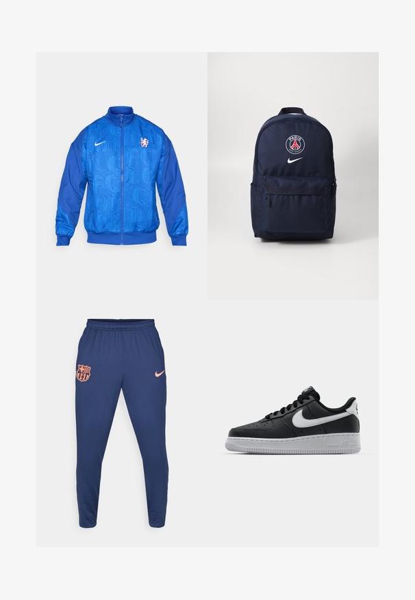 Blue zip-up sports jacket with Nike logo, Chelsea FC lion crest, and repeated "LONDON" text pattern on front and sleeves.; Long-sleeve blue and peach Nike football training top with FC Barcelona crest and Spotify logo, zip collar, and abstract line pattern.; Navy blue athletic pants made of smooth fabric, featuring an orange FC Barcelona logo and a small orange Nike swoosh on the hip area.; Black leather sneaker with textured surface, white Nike swoosh, gray sole, round toe, and lace-up design. Features perforations on toe box.; Navy blue backpack with zipper closure, featuring a front pocket and a Paris Saint-Germain logo in red, white, and blue. Nike logo on the bottom.