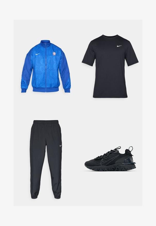 Jachetă sport albastră cu fermoar, cu logo-ul Nike, stema leului Chelsea FC și un model repetat de text "LONDON" pe față și mâneci.; Tricou Nike negru cu mânecă scurtă, confecționat dintr-un material neted, având un logo alb în formă de swoosh pe partea stângă sus, cu guler rotund.; Pantaloni sport negri dintr-un material ușor, cu un band elastic la talie, mansete la glezne și un logo Nike discret pe partea stângă.; Pantofii sport negri au un superior din plasă respirabilă, accente texturate și o talpă din cauciuc ondulată. Prezintă un logo reflectorizant și un sistem de șirete.