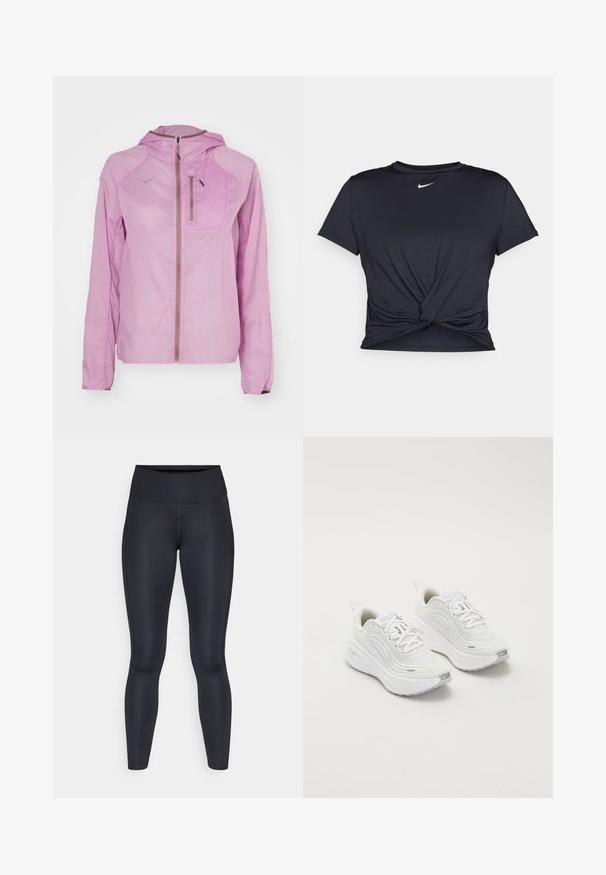 HOKA SKYFLOW JACKET - Veste coupe-vent - pink twilight; T-shirt de sport noir en tissu lisse, avec un design avant noué et un petit logo Nike blanc sur la poitrine.; Leggings noirs en tissu lisse et extensible. Taille haute sans motifs ni accents visibles. Ajustement serré de la taille aux chevilles.; Baskets de sport blanches avec une tige en maille texturée, une semelle rembourrée et de subtils accents gris. Comprend un logo et une languette en boucle au talon pour un enfilage facile.