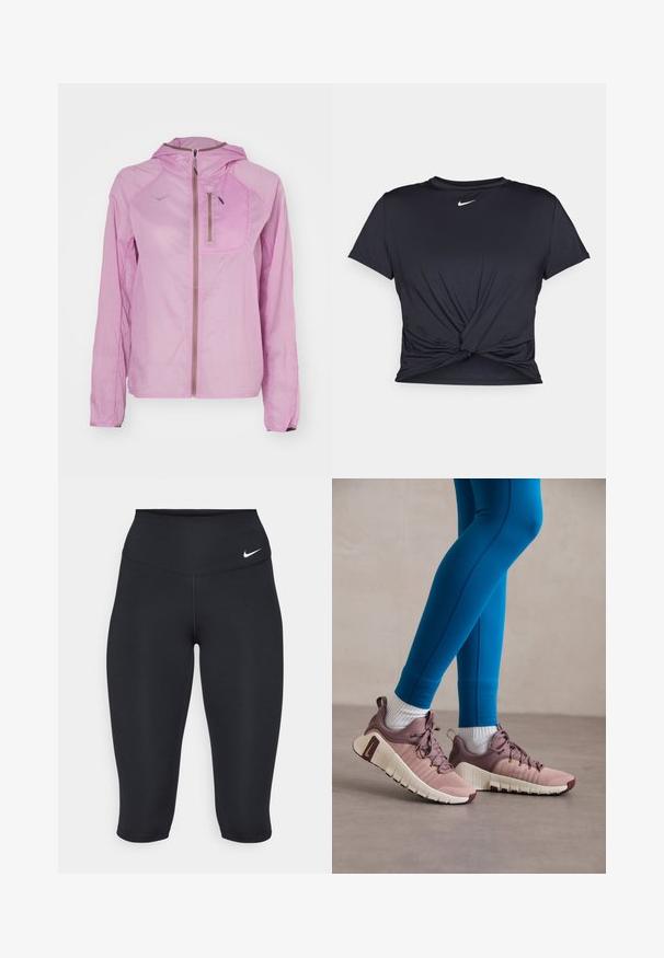 HOKA SKYFLOW JACKET - Windbreaker - pink twilight; Black athletic t-shirt made of smooth fabric, featuring a knotted front design and a small white Nike logo on the chest.; Nike black capri leggings feature a high waistband, smooth stretch fabric, and subtle logo detail on the front.; Athletic shoes in light pink and beige with textured side panels, brown accents, and flexible soles. Worn with blue leggings and white socks.