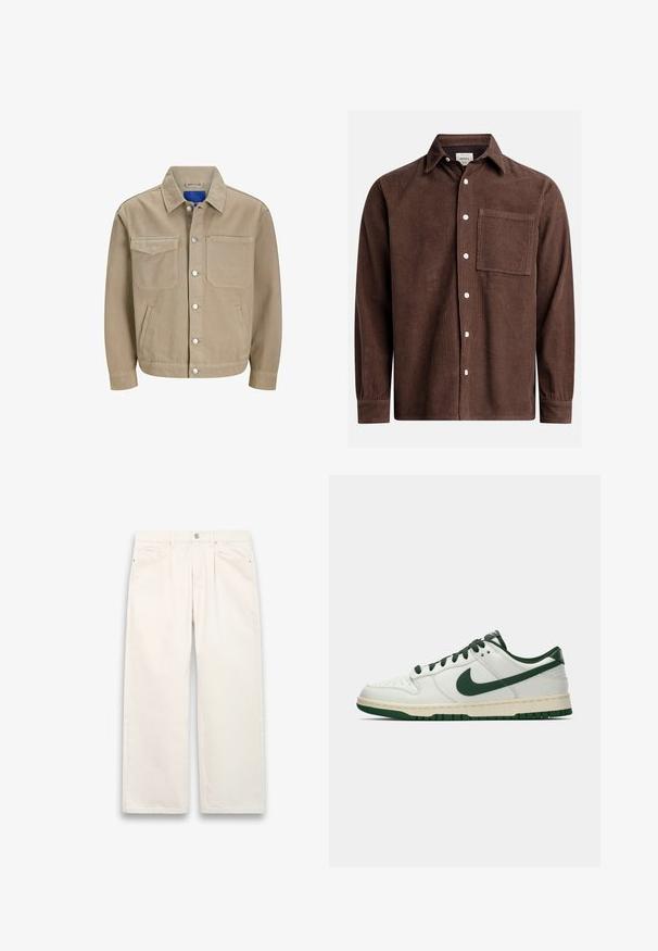 Giacca di jeans color tan con due tasche sul petto, tasche laterali e chiusure a scatto. Presenta un colletto classico e una fodera interna blu.; Camicia in corduroy marrone con colletto a punta, tasca frontale, bottoni bianchi e maniche lunghe con polsini abbottonati. Dettaglio del tessuto testurizzato.; Jeans bianchi a gamba larga in denim, con chiusura a bottone, cinque tasche e dettagli di cucitura sottili. Design pulito e minimalista.; Sneaker bianco a bassa cima con swoosh Nike verde scuro, lacci e dettagli della suola, mostrato di profilo su uno sfondo bianco uniforme.