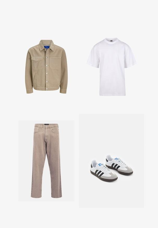 Tan denim jasje met twee borstzakken, zijzakken en drukknopen. Heeft een klassieke kraag en een blauwe binnenvoering.; Witte katoenen t-shirt met een ronde hals, korte mouwen en een relaxte pasvorm. Heeft een eenvoudig ontwerp zonder patronen of accenten.; Beige straight-leg jeans van denim, met een klassiek vijf-pocket ontwerp, gestikte accenten en een nette zoomafwerking.; Sportschoenen met een witte leren bovenkant, grijze suède neus en drie zwarte strepen. Bevat een blauw logo op de tong en een gestructureerde rubberen zool.