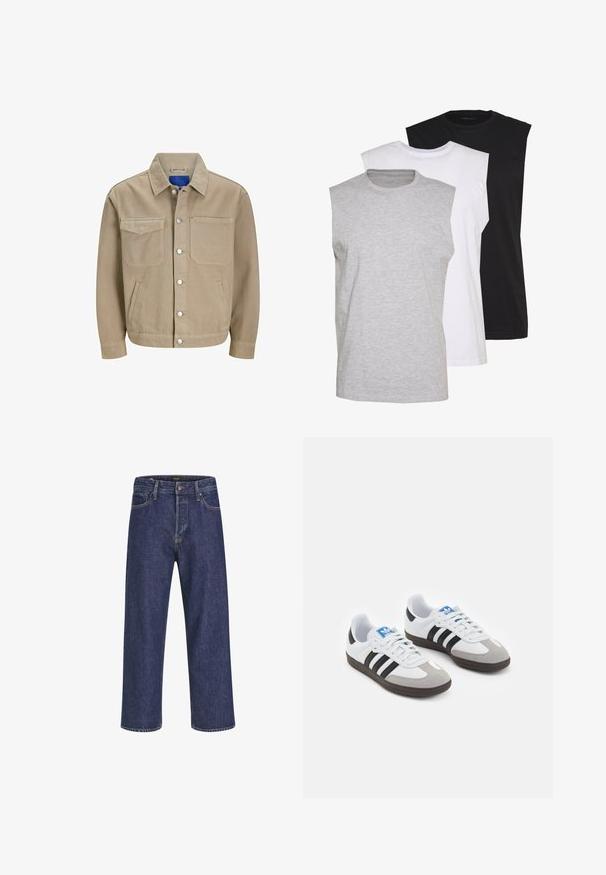 Vaaleanruskea farkkutakki, jossa on kaksi rintataskua, sivutaskut ja nepparikiinnitys. Takissa on klassinen kaulus ja sininen vuori.; Kolme ilmanhihaista t-paitaa harmaana, valkoisena ja mustana. Pehmeä puuvillakangas, pyöreä pääntie ja rento malli. Yksinkertainen muotoilu, ei kuvioita.; Tummansiniset farkut suoran leikkauksen, viidellä taskulla, metallinappikiinnityksellä ja erottuvan ompeleen kanssa, joissa on hienovarainen tekstuuri.; Urheilukengät, joissa on valkoinen nahkainen päällinen, harmaa mokkanokka ja kolme mustaa raitaa. Ominaisuuksina sininen logo kielekkeessä ja kuvioitu kumipohja.