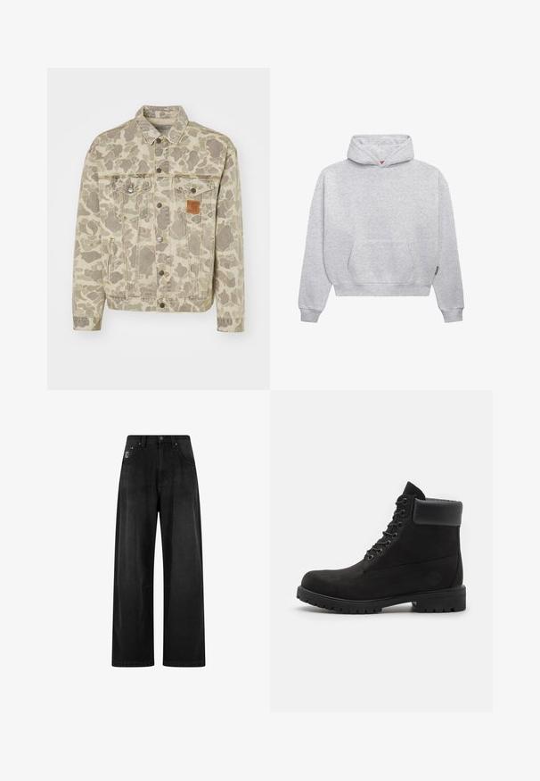 Carhartt WIP HELSTON JACKET - Jeansjacka - grey/black; Ljusgrå hoodie i mjuk bomullsblandning. Har en känguruficka, ribbade ärmmuddar och en huva med dragsko i en minimalistisk design.; Vida svarta jeansbyxor med hög midja och vida ben, med fyra fickor och ett litet logotek på framsidan. Slät textur, enkel design.; Svart snörkänga med vadderad krage och slitstark sula, visad i profil mot en vit bakgrund.