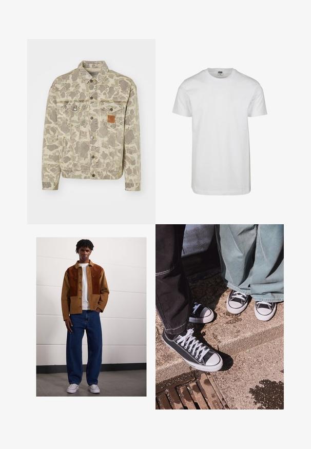Carhartt WIP HELSTON JACKET - Denimová bunda - grey/black; Biele bavlnené tričko s okrúhlym výstrihom, krátkymi rukávmi a voľným strihom. Štítok hovorí "URBAN CLASSICS." Hladká textúra, žiadne vzory ani akcenty.; Muž stojí vo vnútorných priestoroch, oblečený v hnedých kordových sako so sivými škvrnami, biele tričko, voľné modré džínsy a biele tenisky.; Čierne plátenné tenisky s nízkym strihom, bielymi gumovými špičkami a šnúrkami, v kombinácii so širokými zelenými denimovými nohavicami, na textúrovanej kamennej ploche.