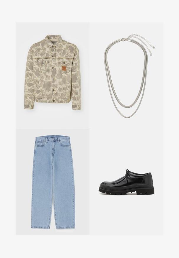 Carhartt WIP HELSTON JACKET - Denim jacket - grey/black; FC Barcelona jersey featuring blue and red vertical stripes, Nike logo, and Spotify graphic in the center. Made from breathable fabric.; Light blue denim jeans with straight leg design, featuring a mid-rise waist, five pockets, and a button and zipper closure.; Black leather derby shoes with a sleek design, rounded toe, and textured rubber sole featuring deep grooves for traction.; Three-layered silver metal necklace featuring sleek, flexible chains with a slight sheen, secured with a lobster clasp and adjustable chain.