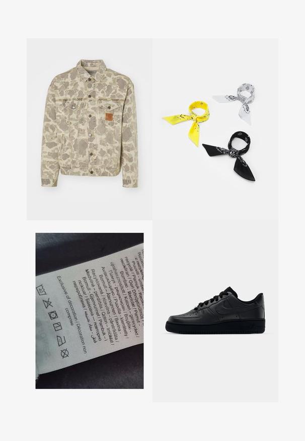 Carhartt WIP HELSTON JACKET - Džínová bunda - grey/black; Bílé bavlněné trička v sadě po dvou, s kulatým výstřihem a krátkými rukávy, s hladkým povrchem a bez viditelných vzorů nebo grafik.; Štítek s vícejazyčným textem, symboly péče a ikonami recyklace, vytištěný na měkkém materiálu připomínajícím látku ve světlé barvě.; Černé tenisky Nike Air Force 1 s hladkým koženým svrškem, perforovanou špičkou pro prodyšnost, černými tkaničkami a texturovanou gumovou podešví.; Tři bandany: jedna žlutá s černými vzory, jedna bílá s černými designy a jedna černá s bílými grafikami. Všechny jsou čtvercové, vyrobené z lehkého materiálu.