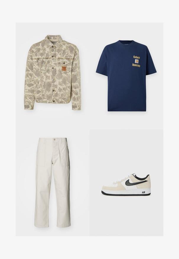 Carhartt WIP HELSTON JACKET - Veste en jean - grey/black; T-shirt en coton bleu marine à manches courtes, avec le texte doré "Carhartt University" et un écusson logo sur la poitrine gauche.; Pantalons larges beige clair en coton. Dotés de poches avant et d'une fermeture à bouton. Texture lisse avec de légères lignes verticales.; Des baskets avec un dessus en suede beige clair et cuir blanc, un swoosh Nike noir, des accents noirs et une semelle en caoutchouc blanc arborant le logo "AIR".