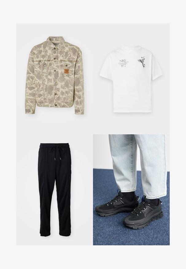 Carhartt WIP HELSTON JACKET - Teksajakk - grey/black; Valge puuvillane T-särk, millel on must graafiline trükk tiivulise kuju ja tekstiga, ümardatud kaeluse ning lühikeste varrukatega.; Mustad nööridega vööga igapäevased mustad püksid, külgseamipocketid ja sirge sääre lõikega, ühtlasel taustal.; Mustad mustad jooksukingad, millel on tekstureeritud kangas ja kummist tallad, elastsed nöörid ning sinine aksent kandadel. Kandmine heledate teksadega.