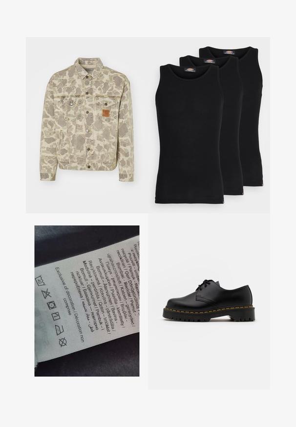 Carhartt WIP HELSTON szary; Czarne koszulki na ramiączkach w zestawie trzech sztuk. Wyróżniają się żebrową fakturą, standardowym okrągłym dekoltem, bez rękawów. Na dole widoczna mała logo marki.; Etykieta z tekstem w wielu językach, symbolami pielęgnacji i ikonami recyklingu, wydrukowana na materiałowym, miękkim w dotyku w jasnym kolorze.; Czarne skórzane buty na sznurówki z zaokrąglonym noskiem, teksturowaną gumową podeszwą i żółtym przeszyciem wokół podstawy. Płaski design i gładkie wykończenie.
