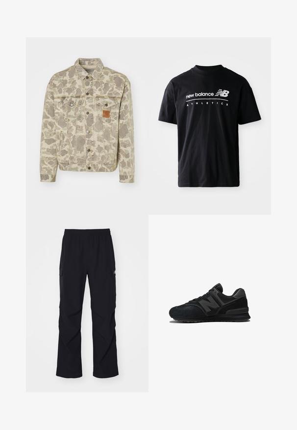 Carhartt WIP HELSTON JACKET - Cowboyjakker - grey/black; Sort bomulds T-shirt med rund halsudskæring, korte ærmer og hvidt tekstgrafik med "new balance" og "ATHLETICS" på forsiden.; Sorte cargo bukser lavet af let materiale, med elastisk talje, sidelommer og lige ben design.; Sort sneaker med en overdel i ruskind og mesh, tyk sål og et fremtrædende 'N' logo på siden. Strukturdesign med snørebåndslukning.