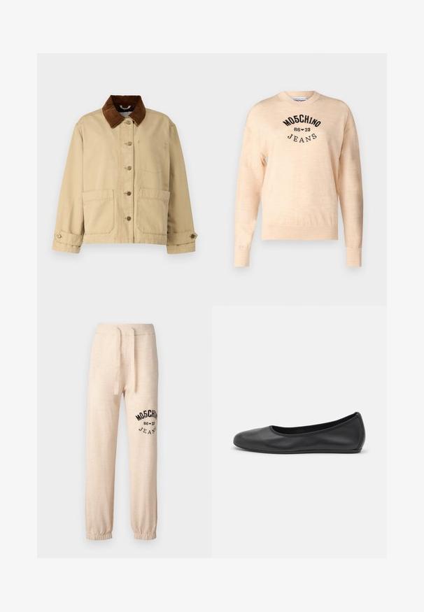 Beige katoenen jas met een bruine corduroy kraag, sluiting met knopen aan de voorkant, twee grote zakken en stiklijnen. Klassiek ontwerp met lange mouwen.; Lichtbeige trui van een zachte breisel, met een ronde hals, lange mouwen en een zwart geborduurd logo met de tekst "Moschino Jeans."; Beige sweatpants met elastische boorden en tailleband. Heeft een zwart gedrukt logo "MOSCHINO 86 ❤ 23 JEANS" op de linkerdij. Zachte textuur.; Zwarte leren ballerina met een ronde neus, gladde textuur, minimale stikdetails en een flexibele zoolontwerp.