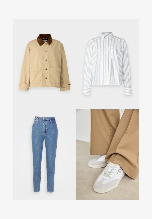 Bēša kokvilnas jaka ar brūnu kordēra apkakli, priekšējā pogu aizdare, divas lielas kabatas un šuvju detaļas. Klasisks dizains ar garām piedurknēm.; GANT Pogājama blūze - eggshell; Zilas augstas jostas vidukļa taisnas kājas džinsi ar priekšējo pogu un rāvējslēdzēju, jostas cilpām un kabatām, attēloti uz vienkārša baltā fona.; Baltas apavi ar zamša akcentiem, teksturētām šņorītēm un gumijas zoli. Saskaņoti ar brīvām brūnām biksēm. Logo attēlots sānos.