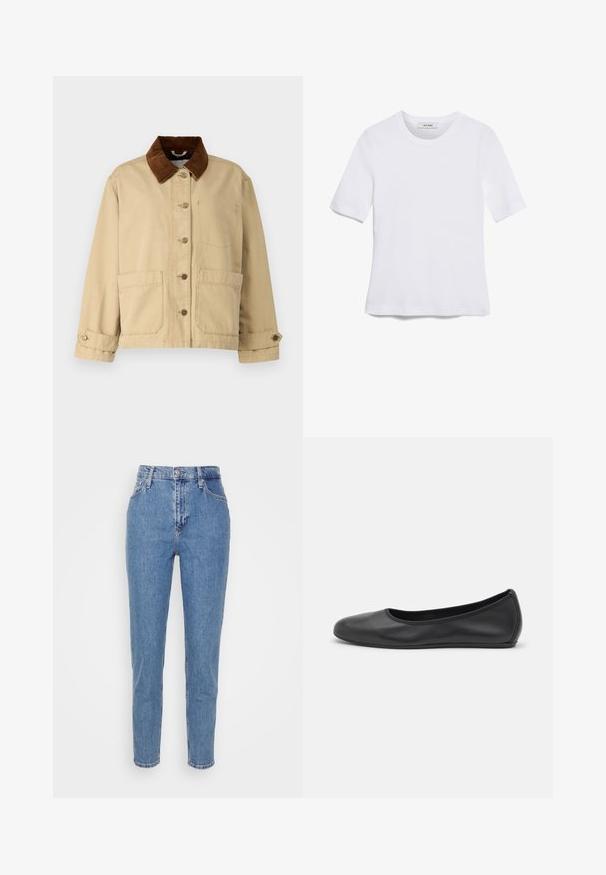 Beige cotton jacket with brown corduroy collar, front button closure, two large pockets, and stitching detail. Classic design with long sleeves.; White short-sleeve t-shirt made of ribbed fabric. Round neckline, regular fit, and subtle stitching details. No patterns or graphics.; Blue high-waisted straight-leg jeans with front button and zipper, belt loops, and pockets, displayed on plain white background.; Black leather ballet flat with a rounded toe, smooth texture, minimal stitching detail, and a flexible sole design.