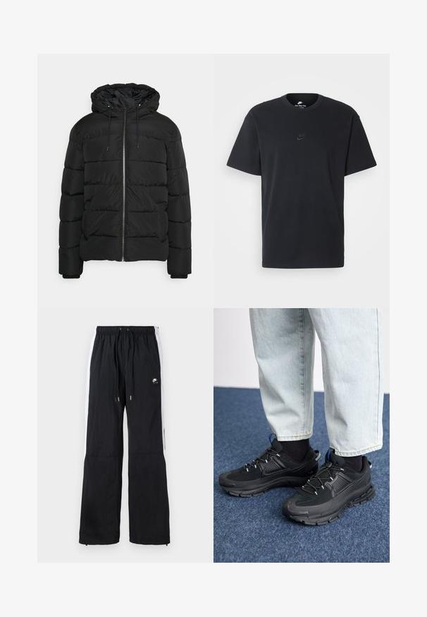 Giacca a vento nera con cappuccio, dotata di zip frontale, polsini elasticizzati e design trapuntato. Realizzata in materiale leggero e isolante.; T-shirt in cotone nero della Nike con collo rotondo classico, maniche corte e un logo in rilievo discreto sul petto. Texture liscia.; Pantaloni sportivi neri con elastico in vita, strisce laterali bianche, polsini con zip e dettaglio con logo in gomma sulla parte anteriore.; Scarpe sportive nere con tessuto testurizzato e suole in gomma, dotate di lacci elastici e un accento blu sul tallone. Indossate con pantaloni in denim chiaro.