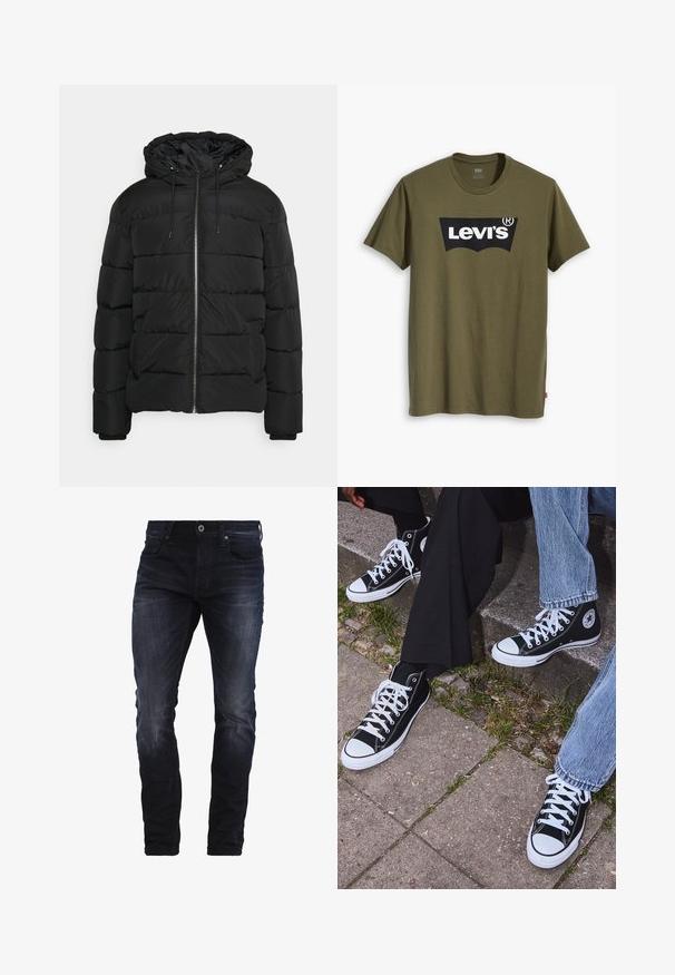 Giacca a vento nera con cappuccio, dotata di zip frontale, polsini elasticizzati e design trapuntato. Realizzata in materiale leggero e isolante.; T-shirt di cotone verde oliva con un grande logo Levi's nero in una forma semi-arcuata a contrasto sul petto. Vestibilità regolare.; Jeans slim-fit blu scuro con leggera scoloritura su cosce e ginocchia, dotati di tasche frontali, passanti per la cintura e chiusura a bottone.; Sneakers alti neri in tela con suole e lacci bianchi, dotati di un logo circolare di lato e abbinati a pantaloni in denim e neri.