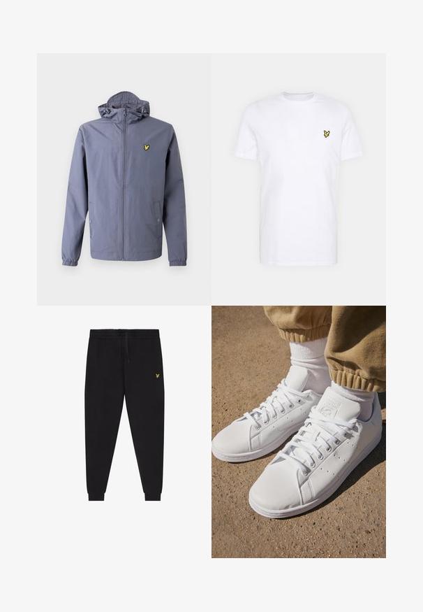 Lightweight jacket in gray fabric, featuring a zip front, adjustable hood, elastic cuffs, and a small yellow logo on the chest.; White cotton T-shirt featuring a small black and yellow embroidered logo on the left chest. Short sleeves and a crew neckline.; Black jogger pants with elastic waistband and drawstring, tapered legs with cuffs, and small yellow embroidered logo on right thigh.; White leather sneakers with a smooth surface, featuring a classic lace-up design, perforations for breathability, and a textured rubber outsole.