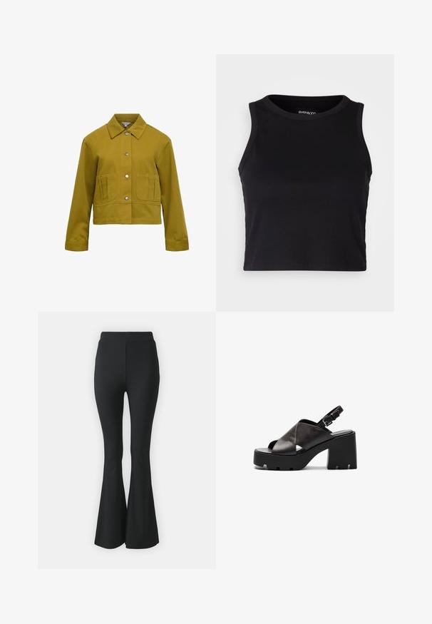 Yellow-green cropped jacket with a button closure, pointed collar, two front patch pockets, and long sleeves. Smooth fabric texture.; Black ribbed crop tank top with a round neckline and sleeveless design. Made from soft, stretchy fabric, featuring clean hemmed edges.; Black flared trousers made from stretchy fabric. Features a high waistband and a smooth, fitted design that flares from the knee downward.; Black leather high-heeled sandals with a chunky platform, cross-strap design, adjustable buckle, and textured sole.