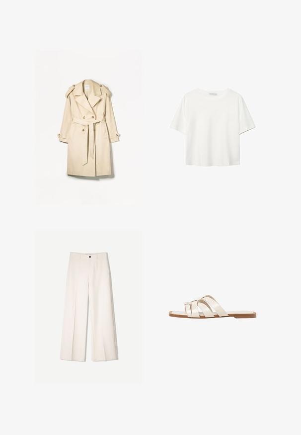 Beige trench coat valmistettu kevyestä kankaasta; kaksirivinen malli, jossa on isot napit, vyötäröhihna ja olkaimen suojukset.; Valkoinen lyhythihainen T-paita, joka on tehty puuvillasta. Siinä on pyöreä kaula-aukko ja rento malli. Silkkinen pinta ilman näkyviä kuvioita tai koristeita.; Kerman leveletut housut räätälöidyllä designilla, joissa on kaksi etutaskua ja yksi etunapituksilla, valmistettu sileästä kankaasta.; Tason vaaleanruskealla kumipohjalla, jossa on kolme päällekkäistä valkoista nahkaremmiä ja pieni satiininen rusetti keskellä.