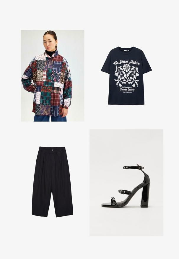 Patchwork shirt met verschillende patronen in bloemen-, ruit- en paisleyontwerpen. Kleuren zijn onder andere bordeaux, marineblauw, groen en wit. Lange mouwen.; Marineblauwe T-shirt met korte mouwen, voorzien van een witte bloemenillustratie en tekst met de opschriften "The Floral Archive", "The Evermist Garden Society" en "Wild Flora Co."; Zwarte polyester culottes met een elastische tailleband, twee voorkreukels en een losse pasvorm. Geen zichtbare patronen of hardware-details.; Zwarte gepatenteerde sandalen met hak en een vierkante neus, enkelbandjes en zilveren gespen. Heeft een stevige blokhak voor stabiliteit.