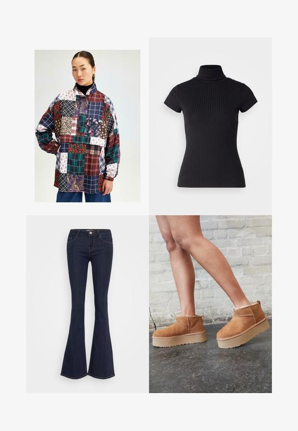 Eriliste mustritega lapitekk-särk, sealhulgas lille-, ruuduline ja paisleymuster. Värvid: burgundia, tumesinine, roheline ja valge. Pika varrukaga.; Must musta, lühikeste varrukatega kõrge kaelusega turtleneck särk, valmistatud ribakanga materjalist, millel on õhuke lõige ja kõrge kaelus. Lihtne ja tekstuurne muster.; Tumedast denimist valmistatud flared teksad, millel on sobiv puusavöö, eesmine nööbikinnitus, viie taskuga disain ja õmblusest detailid jalgadel.; Pruunist seemsest valmistatud pahkluu saapad, millel on pehme vooder, paks beež platvormi konts ja tagumine tõmblukk. Tekstureeritud pind nähtavate õmbluse detailidega.