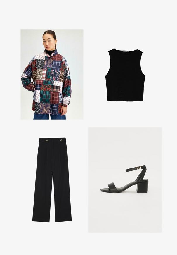 Patchwork skjorte med forskellige mønstre i blomster-, tern- og paisley-designs. Farverne inkluderer bordeaux, marineblå, grøn og hvid. Lange ærmer.; Sort ærmeløs crop top lavet af glat stof, med rund hals og et rent, enkelt design uden mønstre eller hardware.; Sorte vide bukser med høj talje, knapdetaljer på taljebåndet og frontfald.; Sort hæl sandal med en glat læderoverdel, åben tå, brede frontstropper og justerbar ankelrem med detaljer i guldfarve.