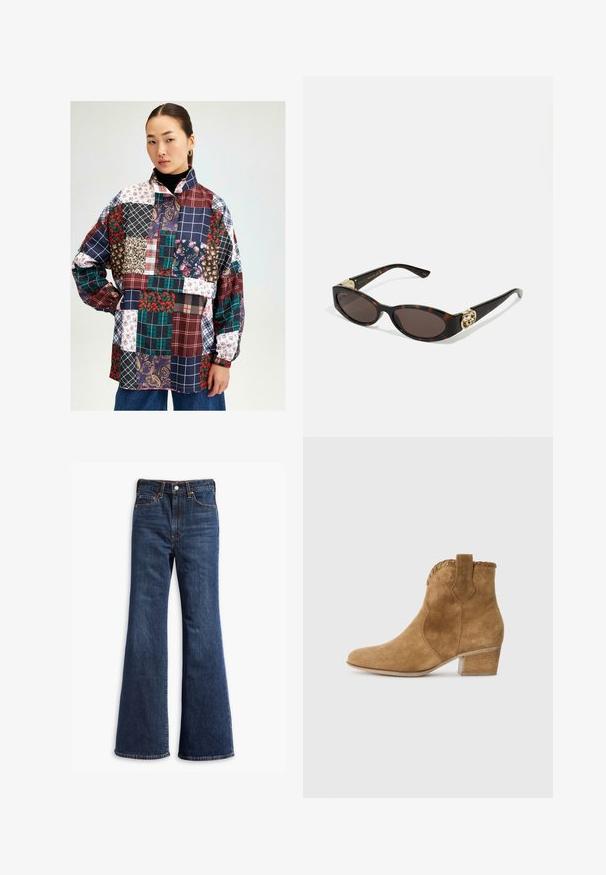 Camicia patchwork con vari motivi floreali, a quadri e paisley. I colori includono bordeaux, blu navy, verde e bianco. Maniche lunghe.; Maglietta a maniche lunghe, con collo a giro, di colore marrone scuro, realizzata in tessuto jersey. Presenta una vestibilità aderente con texture liscia e dettagli di cucitura minimi.; Jeans in denim blu scuro a vita alta con gamba a zampa d'elefante, chiusura frontale con bottone e zip, e design a cinque tasche.; Stivale alla caviglia in suede beige con punta affusolata, bordatura testurizzata al colletto e tacco a blocco. Presenta un linguetta per un indosso facile.; Occhiali da sole tartarugati con lenti ovali allungate, tonalità marrone, accenti dorati con logo sulle tempie e aste nere eleganti.; Borsa a spalla in finta suede marrone con due manici robusti, forma strutturata e design minimalista, caratterizzata da sottili accenti di cucitura.