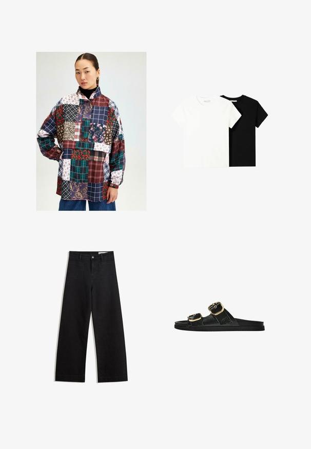 Patchwork shirt met verschillende patronen in bloemen-, ruit- en paisleyontwerpen. Kleuren zijn onder andere bordeaux, marineblauw, groen en wit. Lange mouwen.; Twee t-shirts met korte mouwen, één wit en één zwart, gemaakt van katoen. Beide hebben een ronde halslijn en een eenvoudig, klassiek ontwerp.; Zwarte denim broek met wijde pijpen en een hoge taille, voorzien van voor- en achterzakken, gestikte naden en een knoopsluiting. Gladde textuur.; Zwarte slipper met twee gouden gesps, gladde textuur, platte zool en een minimalistisch ontwerp.