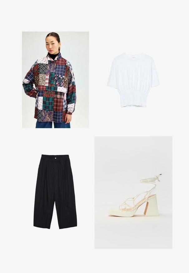 Patchwork shirt featuring varied patterns in floral, plaid, and paisley designs. Colors include burgundy, navy, green, and white. Long sleeves.; White short-sleeve T-shirt with a relaxed fit and smocked texture at the waist. Made of soft, lightweight fabric.; Black polyester culotte pants with an elastic waistband, two front pleats, and a loose silhouette. No visible patterns or hardware details.; White high-heeled sandal with a chunky heel, featuring a strappy design and ankle tie. Smooth texture with a platform front for added height.