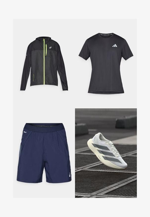 ASICS FUJITRAIL PACKABLE JACKET - Veste coupe-vent - performance black; T-shirt de sport noir à manches courtes, col rond, fabriqué en tissu léger. Présente un logo Adidas réfléchissant à l'avant.; Shorts de sport bleu marine avec taille élastique, poches latérales et accents gris clair. Fabriqués en tissu léger et lisse pour le confort.; Chaussure de sport blanche avec une tige en mesh texturé, présentant des rayures grises et une semelle rembourrée. Conception légère adaptée à la course.
