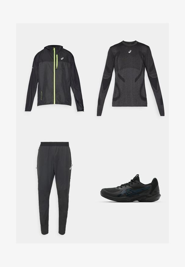 ASICS FUJITRAIL PACKABLE JACKET - Vējjaka - performance black; Tumšpelēkās krāsas sporta krekls ar garām piedurknēm, kuram ir teksturēti akcenti gaišākā pelēkā krāsā. Ar apaļu kakla izgriezumu un ar logotipu uz krūtīm.; Melnas sporta bikses, kas izgatavotas no viegla, ūdensizturīga materiāla, ar konusveida dizainu, elastīgu jostu un kabatām ar rāvējslēdzējiem.; ASICS SOLUTION SPEED FF 3 CLAY - Māla virsmas laukuma tenisa apavi - black/prism blue