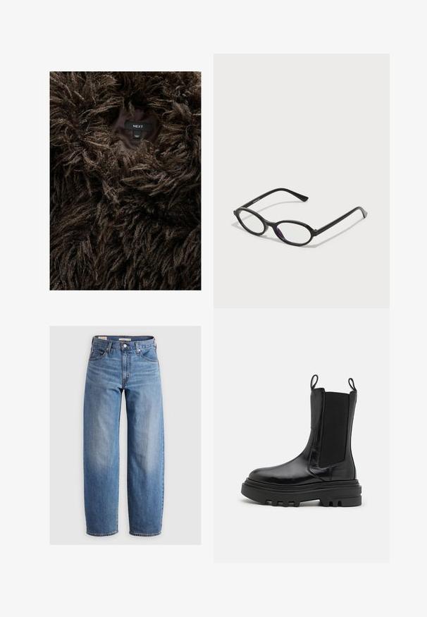 Brūns, pūkains mākslīgās ādas mētelis ar redzamu etiķeti iekšpusē, uz kuras rakstīts "NEXT" un "Ražots Ķīnā" tumšā iekšējā oderē.; Moves DELLA - Džemperis - sassafras; Gaiši zilas taisnu kāju džinsus, kas izgatavoti no denima. Iespējas ietver klasisku piecu kabatu dizainu un vieglu izbalēšanu gar kājām.; Melni potītes zābaki ar spīdīgu ādas apdari, elastīgām sānu detaļām, cilpām un biezām, strukturētām gumijas zòlēm. Masīvs dizains, eleganta silueta.; Melna ovāla ietvara briļļu saulesbrilles ar caurspīdīgām purpura akcentiem uz lēcām. Ietvariem ir matēta apdare un plānas, taisnas kājas.; Melna ādas rokassoma ar apaļu formu, divām garām siksnām, zelta aksesuāriem un mazu piekariņu. Ar rāvējslēdzēja augšdaļu.