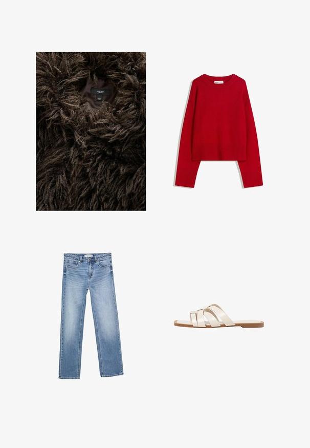 Cappotto di pelliccia finta marrone, shaggy, con un'etichetta visibile all'interno che riporta "NEXT" e "Made in China" su un interno scuro.; Maglione rosso con scollatura a girocollo, maniche lunghe e polsini e bordo a coste. Realizzato in tessuto morbido e texturizzato. Design corto.; Jeans in denim blu a gamba dritta, con un lavaggio sbiadito, cinque tasche e una chiusura a bottone classica. Materiale in cotone con cuciture ben visibili.; Infradito con suola in gomma color talpa, progettate con tre cinturini in pelle bianca sovrapposti e un piccolo dettaglio a fiocco al centro.