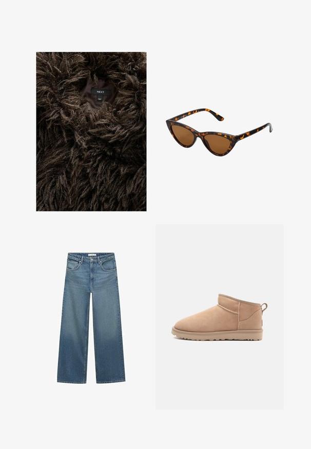 Brown shaggy faux fur coat with a visible label inside reading "NEXT" and "Made in China" on a dark inner lining.; Brown knit sweater with a round neckline, dropped shoulders, and ribbed cuffs. Soft texture, cropped design, and loose fit.; Light blue wide-leg jeans made from denim, featuring a mid-rise waist, two front pockets, and classic stitching details.; Tan suede ankle boot with a rounded toe, soft texture, simple design, and a low-profile rubber sole. Features a pull tab at the back.; Cat-eye sunglasses with a black and orange tortoiseshell frame, brown lenses, and sleek, pointed tips. Features a minimal logo on the temple.; Dark brown suede handbag with a structured shape, featuring two top handles and a detachable strap with a gold-tone buckle accent.