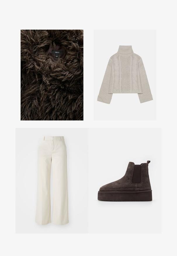 Brown shaggy faux fur coat with a visible label inside reading "NEXT" and "Made in China" on a dark inner lining.; Cropped, light gray knit sweater with a high collar and ribbed cuffs, featuring textured cable patterns down the back and sides.; Wide-leg trousers in a light beige color, made of a smooth fabric. Features a classic waistband and flat front with clean lines.; Brown suede Chelsea boots with elastic side panels and a thick, textured platform sole. Features a pull tab at the heel for ease of wear.