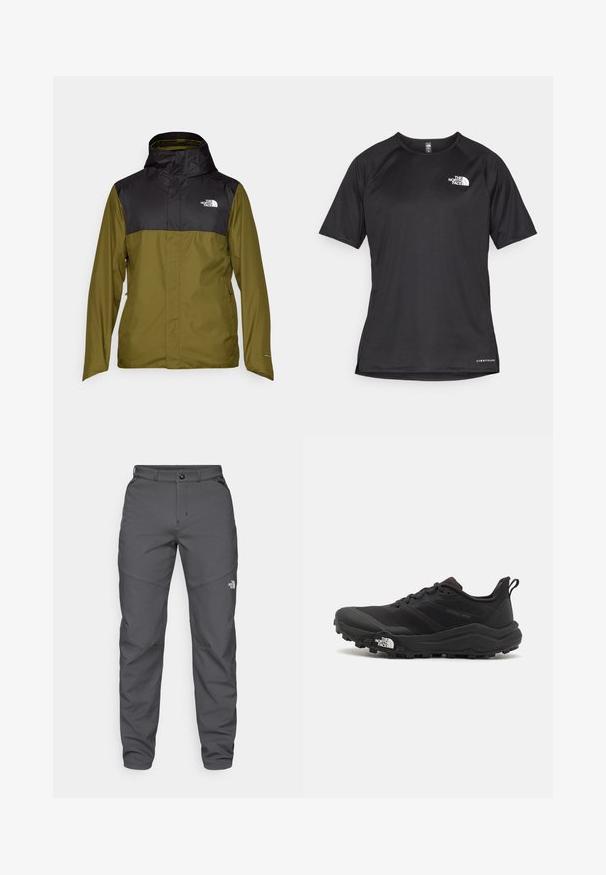 The North Face M QUEST ZIP-IN JACKET - EU - Casaco para exterior - forest olive/black; Camisa atlética preta de manga curta com um tecido texturizado, apresentando um logotipo branco no peito esquerdo e uma bainha reta.; Calças de exterior cinzentas, feitas de um tecido durável, com fecho de botão, passadores de cinto e um logotipo perto da perna inferior.; Sapatilha de trail running preta com um upper texturizado, sola de borracha e biqueira reforçada. Possui um colarinho acolchoado e uma alça para facilitar o calçar.