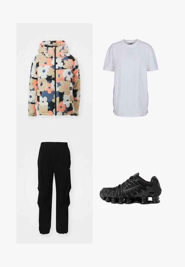 Kurtka ocieplana z kapturem w wielokolorowy kwiatowy wzór, z dużymi beżowymi, czarnymi, różowymi i granatowymi kwiatami na kremowym tle. Zamek błyskawiczny z przodu, kieszenie.; Biała koszulka z krótkim rękawem z bawełny, z okrągłym dekoltem i luźnym krojem, bez widocznych wzorów czy grafik.; Czarne spodnie na świeżym powietrzu wykonane z wytrzymałego materiału, z luźnym krojem, elastycznym pasem i ściągaczami przy mankietach, umożliwiającymi regulację długości.; Czarne buty sportowe z siateczkową cholewką i połyskującymi detalami. Posiadają wyprofilowane poduszki pod nogami i teksturowane linie po boku. Widoczna logo Nike.