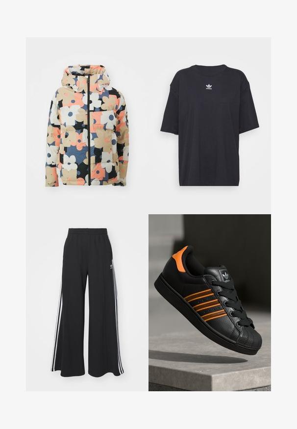 Zateplená kapucňová bunda s viacfarebnou kvetinovou potlačou, s veľkými krémovými, čiernymi, ružovými a námorníckymi kvetmi na krémovom pozadí. Predný zips, vrecká.; Čierne bavlnené tričko s krátkymi rukávmi, okrúhlym výstrihom, na hrudi s bielym logom Adidas. Jednoduchý dizajn, voľný strih.; Čierne široké teplákové nohavice s elastickým pásom, so bielymi bočnými prúžkami a výšivkou loga na ľavom stehne.; Čierne tenisky s oranžovými akcentami, tromi horizontálnymi pruhmi, textúrovaným koženým zvrškom, gumovým ochranným vankúšikom na prstoch a čiernymi šnúrkami.