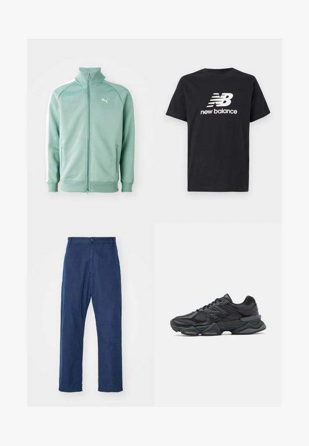 Puma tõmblukuga treeningjakk helesinises roheline värviga, valgete külgtriipudega, kitsas lõige, soonikkoes krae ja mansetid, rinnal on logo.; Mustvalge t-särk, millel on ees valge New Balance'i logo ja graafiline disain. Lühikesed varrukad ja ümar kaelus.; Tumed sinine, sirge jalgadega püksid, mis on valmistatud puuvillast. Ees olev nupuleping, peene tekstuur ja küljetaskud, samuti vöökohad.; Mustad mustus jooksukeng, mis sisaldab segu võrgust ja sünteetilisest materjalist, jäme talla, kaarduv disain ja silmapaistev bränding külgedel.