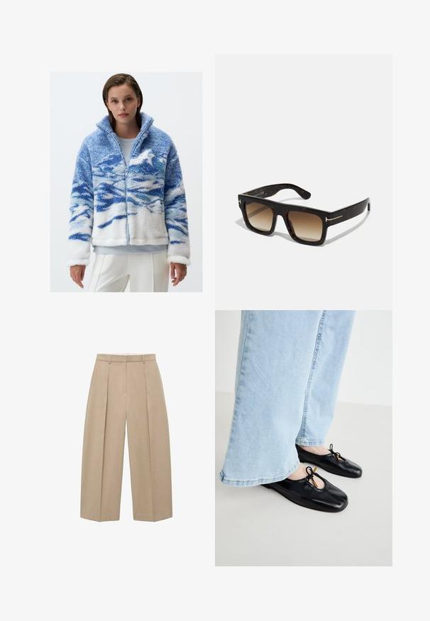 Giacca in pile con motivi a onde blu e bianchi, chiusura frontale con zip, colletto alto e texture morbida. Maniche lunghe con polsini bianchi.; Camicia azzurro chiaro con bottoni, realizzata in cotone, con maniche lunghe, colletto a punta e un piccolo logo ricamato sul lato sinistro del petto.; Pantaloni beige a gamba larga appesi verticalmente, caratterizzati da pieghe frontali e una vita piatta, che mostrano uno stile neutro ed elegante.; Ballerine in pelle nera con punta arrotondata, dotate di ritaglio e dettaglio a fiocco, indossate con jeans a gamba larga blu chiaro.; Occhiali da sole tartarugati con montatura quadrata, lenti marroni sfumate e sottili dettagli in oro sugli steli.