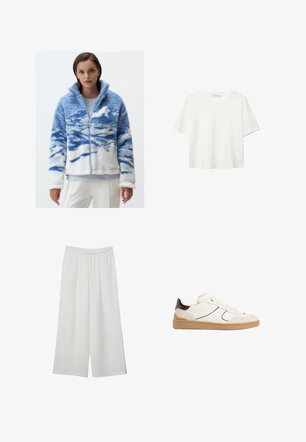 Kurtka polarowa z niebieskimi i białymi wzorami fal, z zamkiem z przodu, wysokim kołnierzem i miękką teksturą. Długie rękawy z białymi mankietami.; Biała koszulka z krótkim rękawem, wykonana z bawełny. Posiada okrągły dekolt i luźny krój. Gładka faktura bez widocznych wzorów czy akcentów.; Białe szerokie spodnie wykonane z lekkiego materiału, z elastyczną talią i sznurkiem do regulacji fasonu. Gładka tekstura.; Stradivarius - Sneakersy niskie