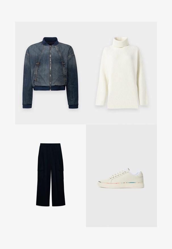 Armani Exchange BLOUSON - Džínová bunda - indigo denim; Krémový žebrovaný rolák s dlouhými rukávy a volným střihem. Měkká textura a bezproblémový design zvyšují jeho pohodlí.; Široké, vysoké kalhoty v tmavě modré tkanině. Obsahují sklady a dvě boční cargo kapsy. Hladká textura s čistým designem.; Nízké tenisky v off-white barvě s šněrováním, bílým vnitřním podšíváním a jemným vícebarevným lemem podél okraje podešve, boční pohled.