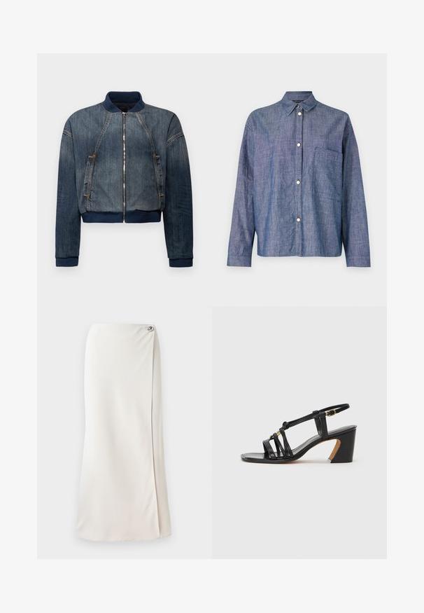 Armani Exchange BLOUSON - Giacca di jeans - indigo denim; Camicia di denim, azzurro chiaro, design con bottoni, maniche lunghe, taschino singolo sul petto, texture liscia, dettagli con bottoni argentati.; Gonna lunga bianca in tessuto liscio, con uno spacco laterale e un accento decorativo di un bottone argento vicino all'elastico in vita. Linee pulite e design minimal.; Paul Smith AMIRA - Decolleté - black